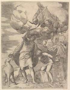 1552年以降、アブラハムの腕にとどまる天使. 作： Battista Franco Veneziano