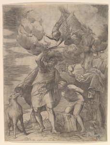1552年以降、アブラハムの腕にとどまる天使。 作： Battista Franco Veneziano