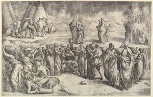 マナを集めるイスラエル人、約。 1547年。 作： Battista Franco Veneziano