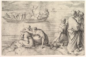 魚の奇跡のドラフト。 作： Battista Franco Veneziano