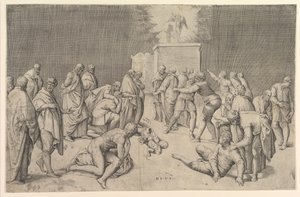 ペリシテ人は契約の箱をダゴンの神殿に置きます。 1540年。 作： Battista Franco Veneziano