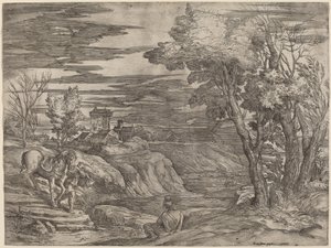 馬を引く男のいる風景 作： Battista Franco after Titian