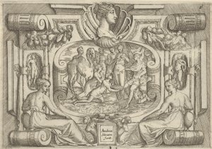 玉座に座っている王にコインの盛り合わせを提供する男女。 1540-80。