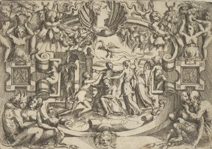 着席した人物を囲む 4 人の女性、その上に鳥がいる、精巧な..., ca. 1540-80。