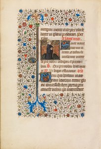 スタッフと本を持ったアボット・マウルス、c.1440-50（テンペラ、金箔、羊皮紙に絵の具とインク） 作： Bedford Master Workshop