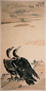 二羽の鵜（掛軸、彩色、紙） 作： Beihong Xu