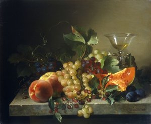 石の棚に果物のある静物、1858 作： Bela Schaffer