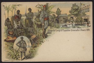 コンゴの村は、1894年にベルギーのアントワープで開催された国際博覧会に出展しました 作： Belgian School