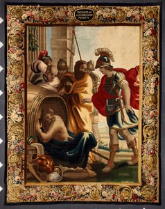 ディオジーンとアレクサンダー：ギリシャの哲学者ディオジーン・デ・シノペ（紀元前413～327年）の樽とアレクサンダー大王（紀元前356～323年）のコリントでの出会い。征服者が望みを尋ねると、ディオジーンはこう答えた：「私の太陽から少し外してくれ」。タップ 作： Belgian School