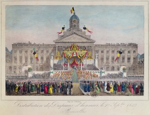 1832年、1832年9月27日、ブリュッセルでの名誉の旗の配布（カラー彫刻） 作： Belgian School