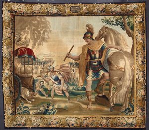 アレキサンダー大王 (紀元前 356 ～ 323 年) は、インドへの旅の前に不要な荷物をすべて燃やしました。 ブリュッセルのメーカーで作られたタペストリー。 16 世紀の遺伝子、ムゼイ ディ ストラーダ ヌオーヴァ