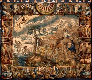 月：ブリュッセルの工房で制作されたヤン・レース（1610-1631年頃活躍）のタペストリー「収穫」。17世紀 ジュネス、ストラーダ・ヌオーヴァ美術館蔵 作： Belgian School