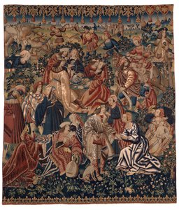 フランドル地方の「ジプシーのキャンプ」を描いたタペストリー、1510年頃（ウール＆シルク） 作： Belgian School