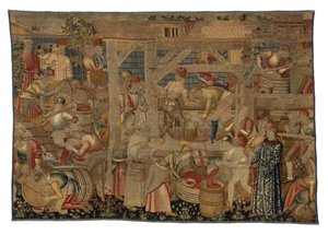 ワイン搾り職人を描いたタペストリー、トゥルネー製、1460-70年頃（羊毛） 作： Belgian School