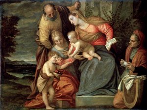 聖人のキャサリン、アンと洗礼者ヨハネのいる聖家族c1580-c1582 作： Benedetto Caliari