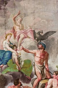 木星、ケレス、バルカンを含むオリンポスの寓意的な描写、仕事、農業、芸術、科学の神格化の詳細（フレスコ画） 作： Benedetto Cotarti