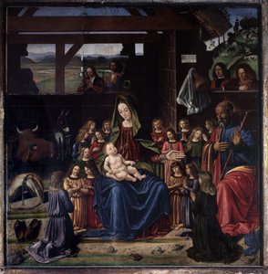 降誕。 ベネデット ギルランダイオ (1458-1497) の絵画。 木に油彩。 薄暗い: 147x144cm。 エグペルス教会 作： Benedetto Ghirlandaio