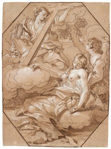 聖マリアマグダレンのエクスタシー、c.1715-19（ペン＆インクと茶色のウォッシュ、白で強調、紙の上に茶色のインクの八角形の枠線）