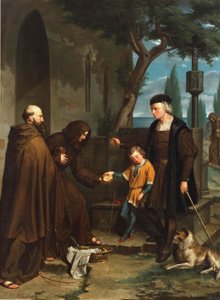 サンタマリアデララビダの修道院の入り口にあるコロンブスが息子にパンと水を頼む1858 作： Benito Mercade y Fabregas