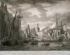 1794 年 7 月 23 日の火災後の廃墟を示す、ロンドンのラトクリフ地区の眺め 作： Benjamin Burnell