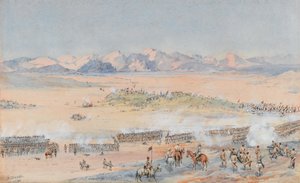 1889年8月3日、トスキの戦いでのエジプト軍の第9および第10スーダン大隊の前進（水彩） 作： Benjamin Donisthorpe Alsop Donne