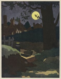 満月を背景にシルエットの枝の鳥 作： Benjamin Rabier
