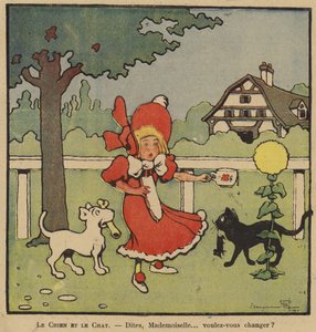 骨付きの犬とネズミ付きの猫の間に捕まった少女の漫画 作： Benjamin Rabier