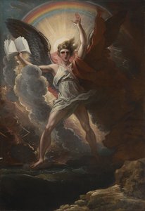 力強い天使が、陸と海の上に立っている 作： Benjamin West