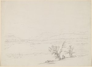 谷を見下ろす木々のそばにカップルが座っているアルプスの風景 作： Benjamin West