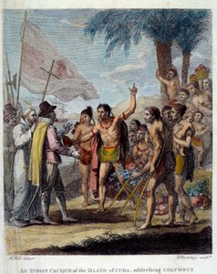 キューバ島のインディアン・カシケが、クリストファー・コロンブス（1451-1506）やヨーロッパの軍人・教会関係者を歓迎し、新しい国家の建設について話し合っている。英国植民地の民衆と商業の歴史」の表紙 作： Benjamin West