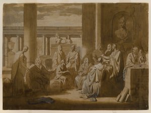 Know Thy Self、1768（アイアンゴールウォッシュインク、オイルインパスト＆アイボリーレイドペーパーでのウォッシュ） 作： Benjamin West