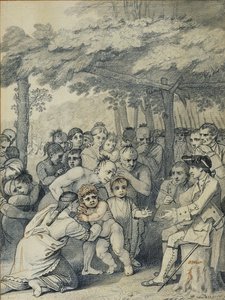 1764年11月、北アメリカのマスキンガムの人々のキャンプ近くのブーケ大佐にイギリス軍捕虜を配ったインディアン（1769年頃）（インクと紙の上で洗う） 作： Benjamin West
