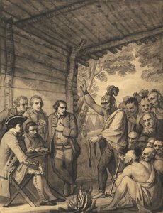 Intiaanit puhuvat eversti Bouquetille konferenssissa neuvoston tulipalossa lähellä hänen leiriään Muskingumin rannoilla Amerikassa, lokakuussa 1764, 1765 作： Benjamin West