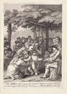 1764年11月に北アメリカのフォークスオブマスキンガムのキャンプ近くのブーケ大佐にイギリス人捕虜を配ったインディアン 作： Benjamin West