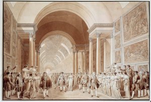 ナポレオン1世（1769-1821）とハプスブルク＝ロレーヌ大公妃マリー・ルイーズ（1791-1847）の花嫁行列の図 1810年2月4日 ルーヴル美術館大回廊 版画：ベンジャミン・ジックス（1772-1811） 1810年 薄さ。0.4x0.6 m パリ、ルーヴル美術館 作： Benjamin Zix
