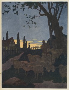 夕暮れの木の下で羊の群れ 作： Benjamin Rabier