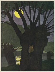 月明かりに照らされた夜の木の穴にフクロウ 作： Benjamin Rabier