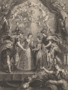 プレート 17: アンダイエでの 2 人の王女の交換、... のアンとの寓意的な場面、1707-10 作： Benoit Audran I