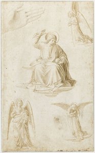 15世紀後半の手、3人の天使、キリストの救世主ムンディとしての研究 作： Benozzo Gozzoli