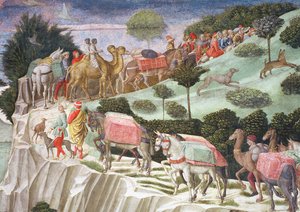 丘を登るパック動物のキャラバン、礼拝堂のマギサイクルの旅の詳細、1460年頃のフレスコ画70601の詳細 作： Benozzo di Lese di Sandro Gozzoli