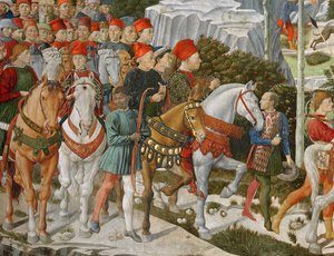 ガレアッツォマリアスフォルツァ、ミラノ公爵（1444-76）、左端、茶色の馬、シギスモンドパンドルフォマラテスタ、リミニ（1417-68）の支配者、灰色の馬に乗って、Jの旅の詳細 作： Benozzo di Lese di Sandro Gozzoli