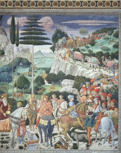 メルキオール役のジュリアーノ・デ・メディチ（1453-78）、礼拝堂の「マギの旅」シリーズの細部、1460年頃（フレスコ画） 作： Benozzo di Lese di Sandro Gozzoli