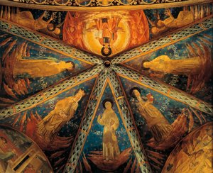 イタリア、モンテファルコ、聖フランシスコ教会の後陣の丸天井 聖人が描かれている 作： Benozzo di Lese di Sandro Gozzoli