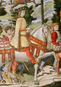 3人の王の1人である1449-92年の壮大なロレンツォデメディチは、礼拝堂のマギサイクルの旅の詳細、1460年頃のフレスコ画70619の詳細