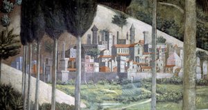 中世の町、礼拝堂にある「マギの旅」の細部、1460年頃（フレスコ画） 作： Benozzo di Lese di Sandro Gozzoli