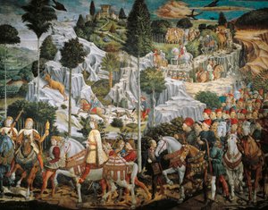 ベツレヘムに向かうマギの王たちの行列」ベノッツォ・ゴッツォーリ（1420-1497）作、壁にフレスコ画、テンペラ画、油彩画、フィレンツェ、リッカルディ宮の礼拝堂。 作： Benozzo di Lese di Sandro Gozzoli