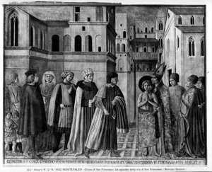 世俗的なものを捨てた聖フランシスコ（フレスコ画）（モノクロ写真） 作： Benozzo di Lese di Sandro Gozzoli