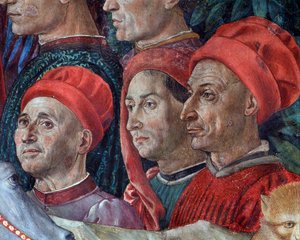 マギの旅 エルサレムとベツレヘムのマギの行列 "Viaggio dei Magi" or "Cavalcata dei Magi" (マギの行列の顔の詳細) ベノッツォ・ゴッツォーリ（1420-1497）によるフレスコ画 作： Benozzo di Lese di Sandro Gozzoli