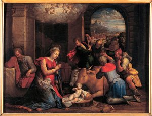 羊飼いの崇拝 - Benvenuto Tisi da Garofalo (Il Garolafo) (1481-1559) による絵画、木に油彩、41.5x55 cm 作： Benvenuto Tisi da Garofalo