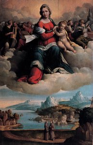 パドヴァの聖アントニウスとフランシスコと共に栄光に包まれたマドンナとチャイルド 作： Benvenuto Tisi da Garofalo